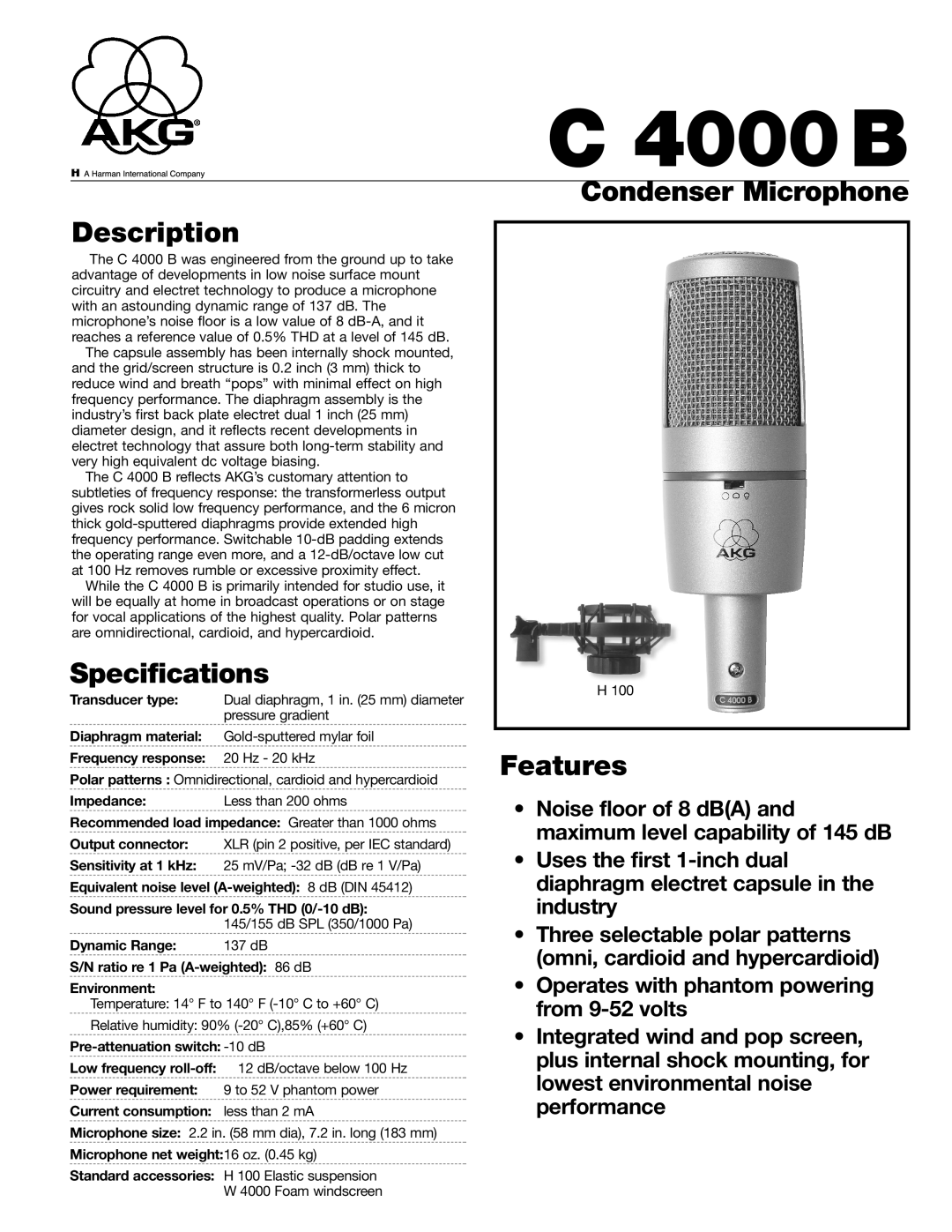 AKG Acoustics C 4000B specifications Description, Specifications, Condenser Microphone, Features 