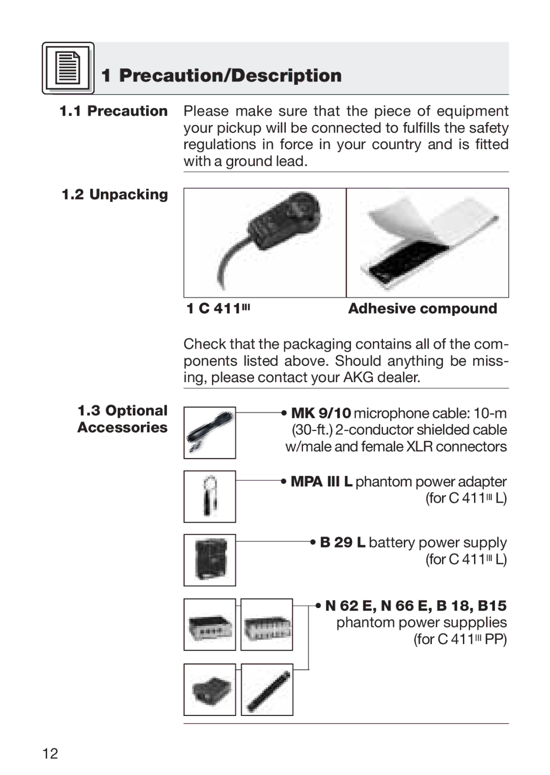 AKG Acoustics C 411 manual Precaution/Description, Unpacking 411 