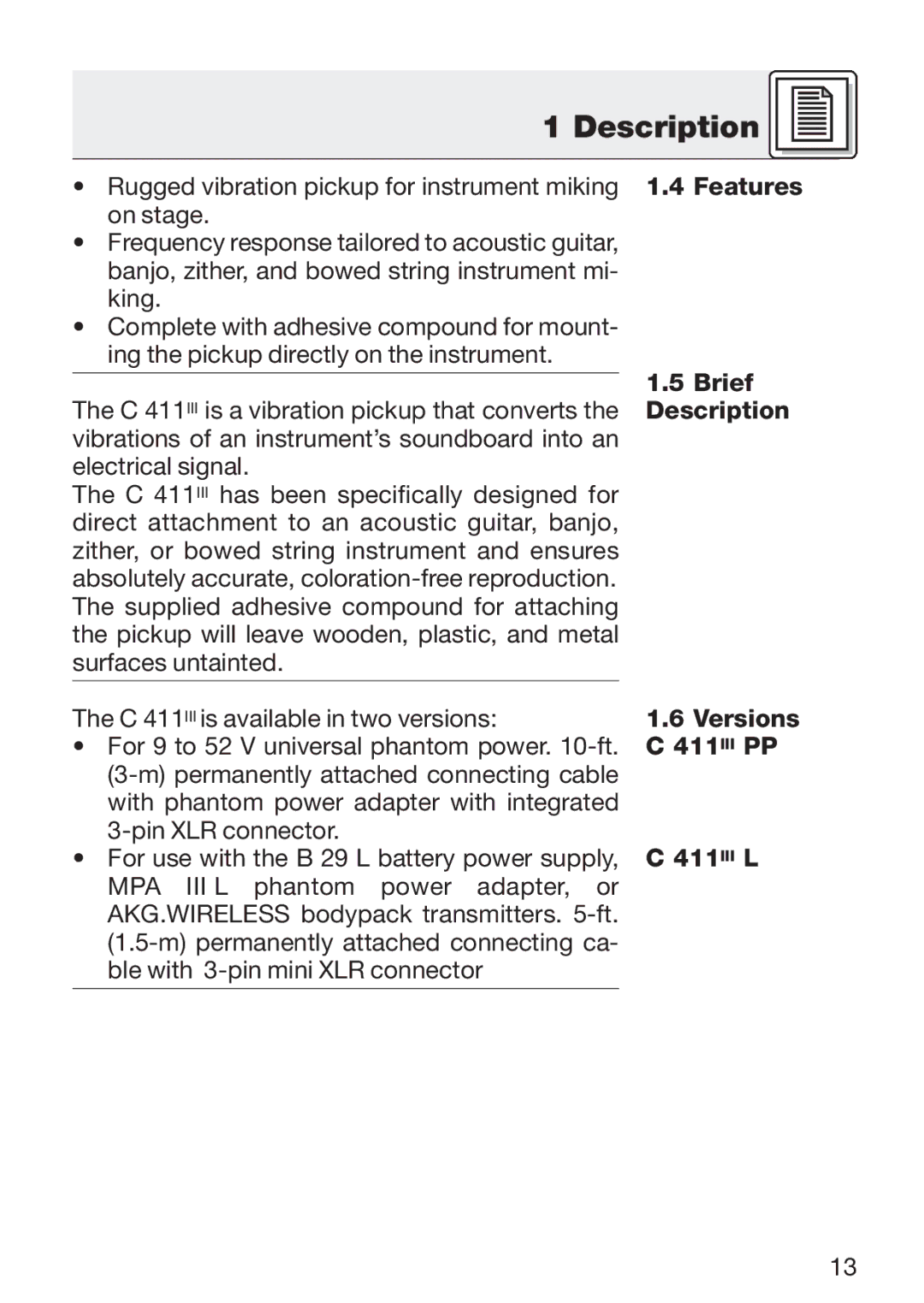 AKG Acoustics C 411 manual Description, Brief 