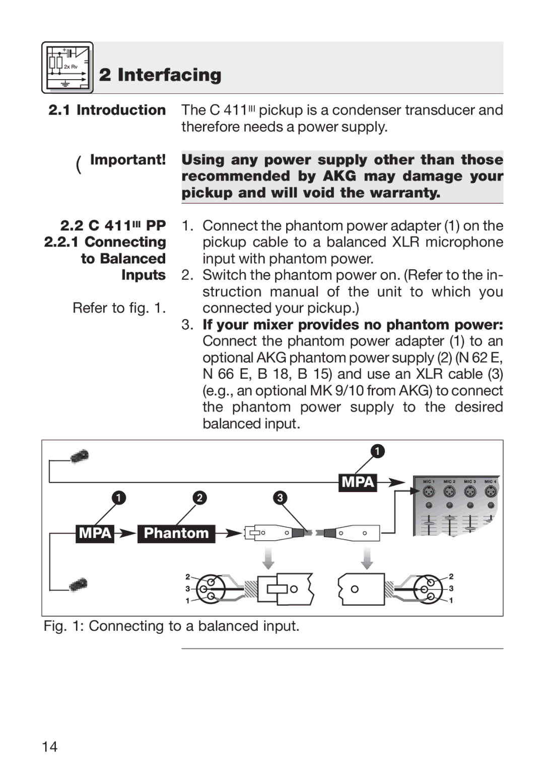 AKG Acoustics C 411 manual Interfacing, Introduction 