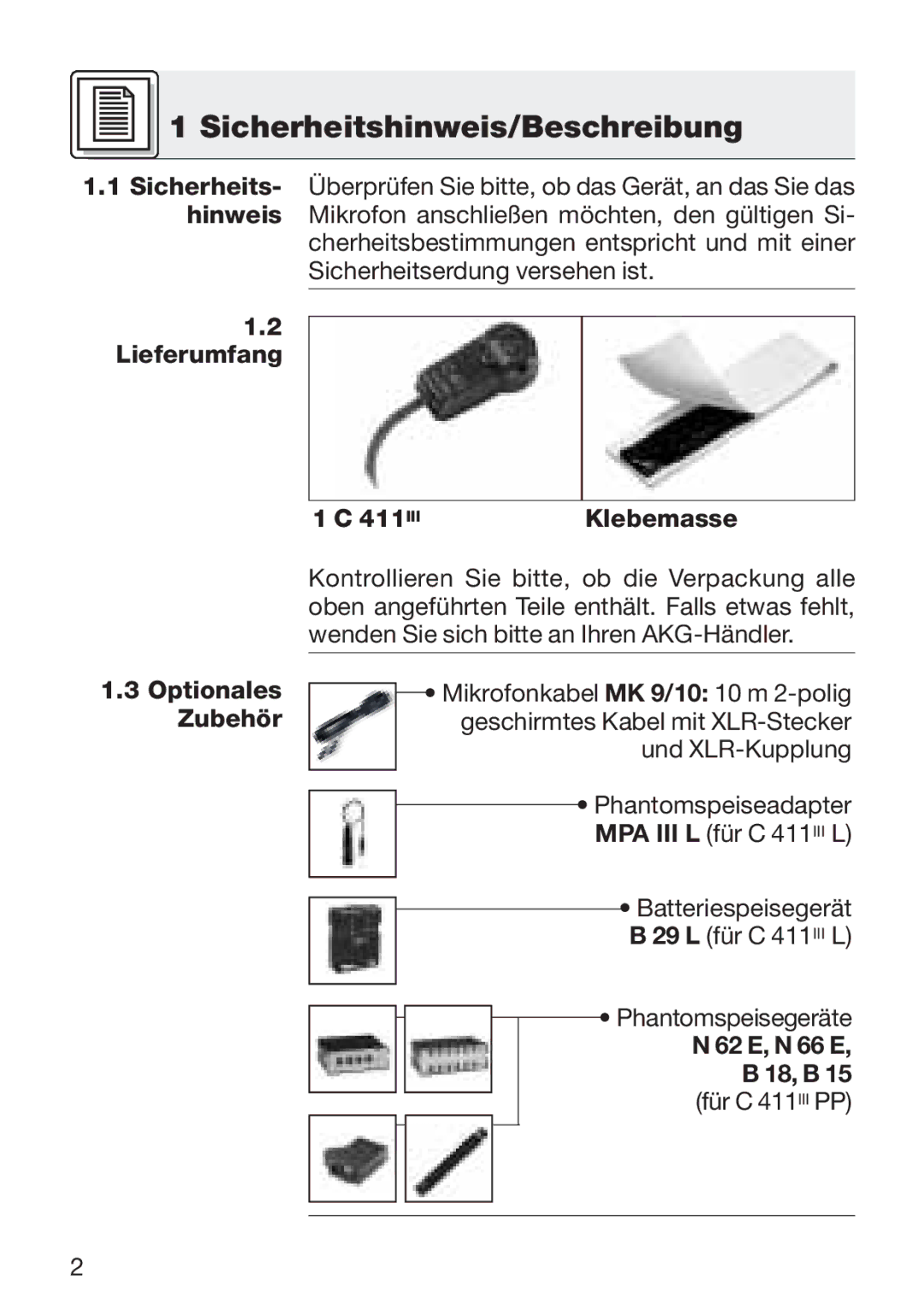 AKG Acoustics C 411 manual Sicherheitshinweis/Beschreibung, Lieferumfang 411, 3Optionales Zubehör 