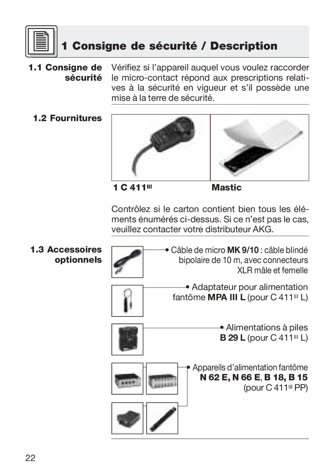 AKG Acoustics C 411 manual Consigne de sécurité / Description, Fournitures 411 Mastic 