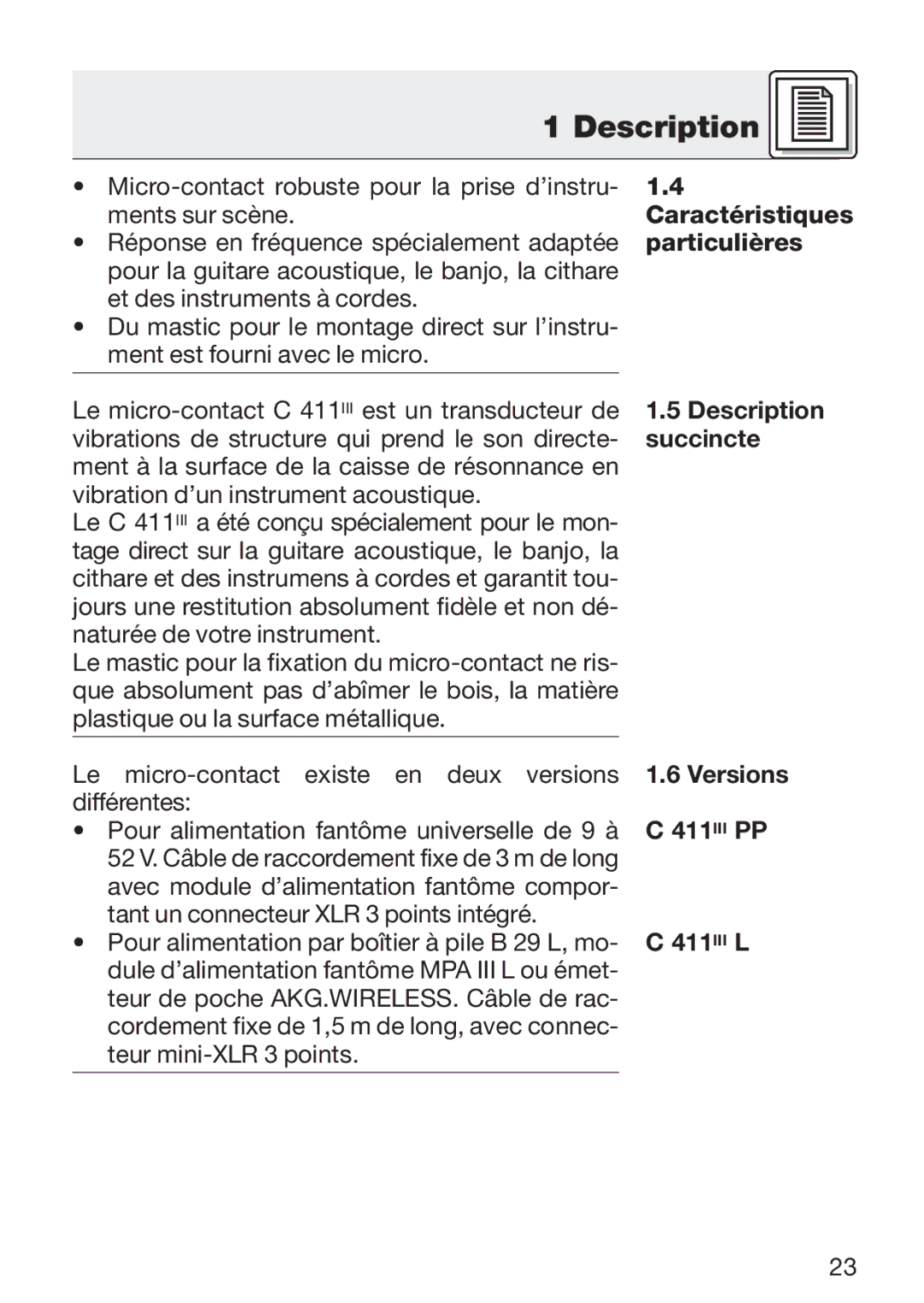 AKG Acoustics C 411 manual Particulières, Description, Succincte, Versions, 411III L 