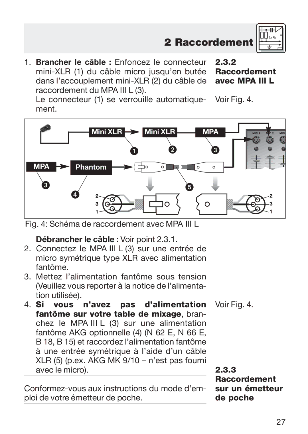 AKG Acoustics C 411 manual Avec MPA III L, Débrancher le câble Voir point, Raccordement, De poche 