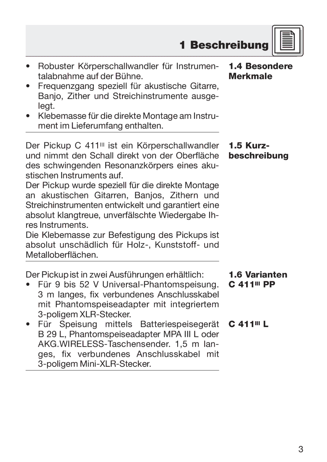 AKG Acoustics C 411 manual Beschreibung, Merkmale, Kurz, Varianten 