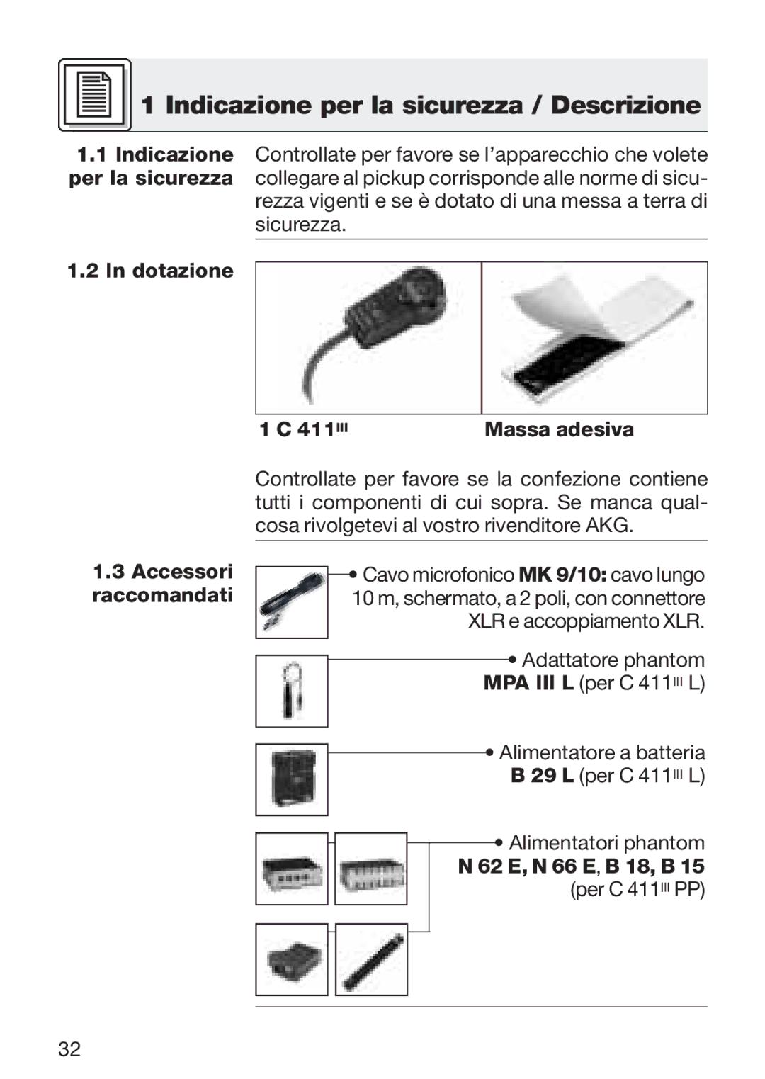 AKG Acoustics C 411 manual Indicazione per la sicurezza / Descrizione, Dotazione 411 