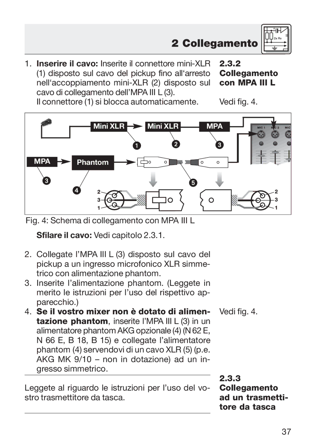 AKG Acoustics C 411 manual Con MPA III L, Collegamento, Tore da tasca 