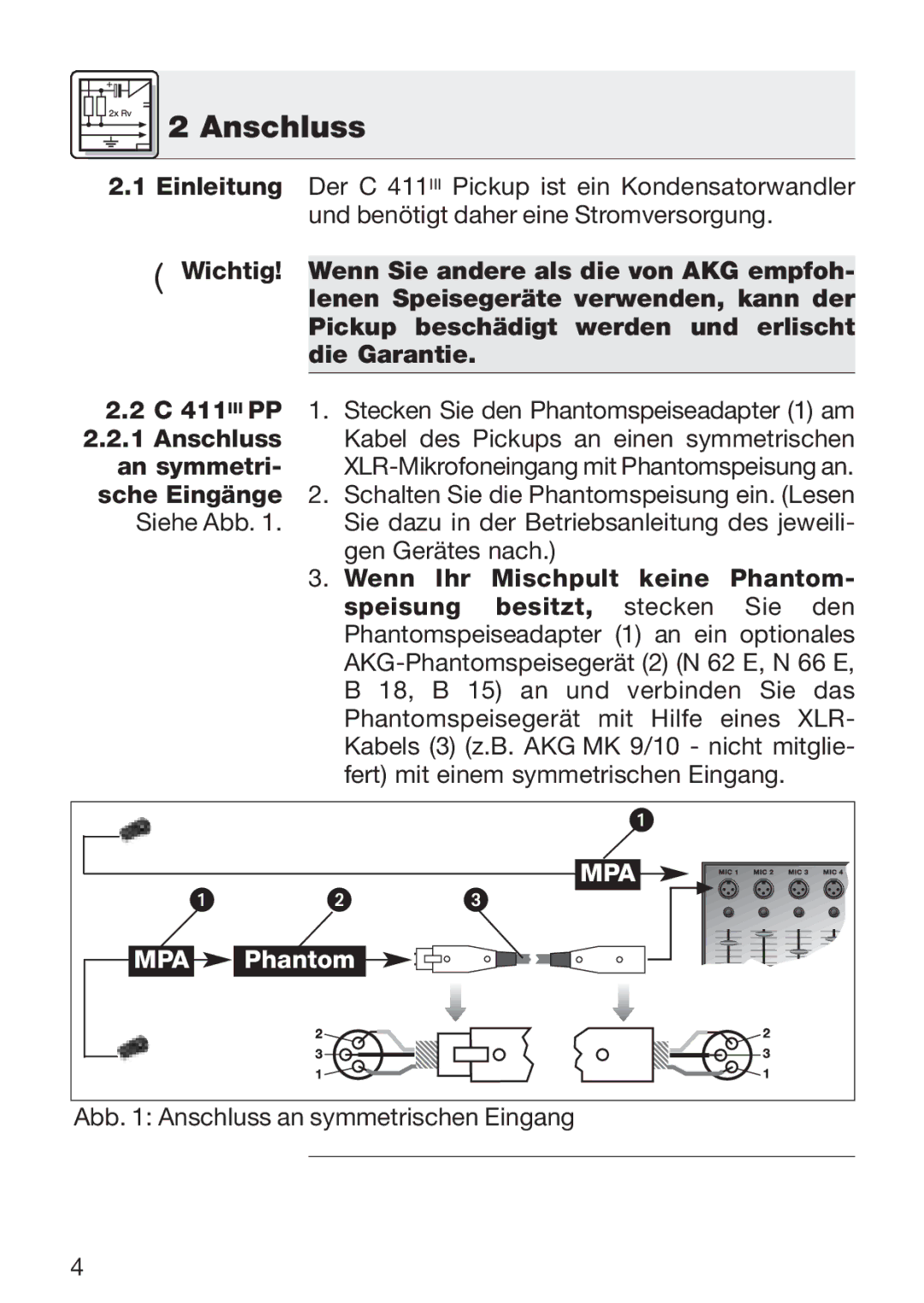 AKG Acoustics C 411 manual Anschluss 