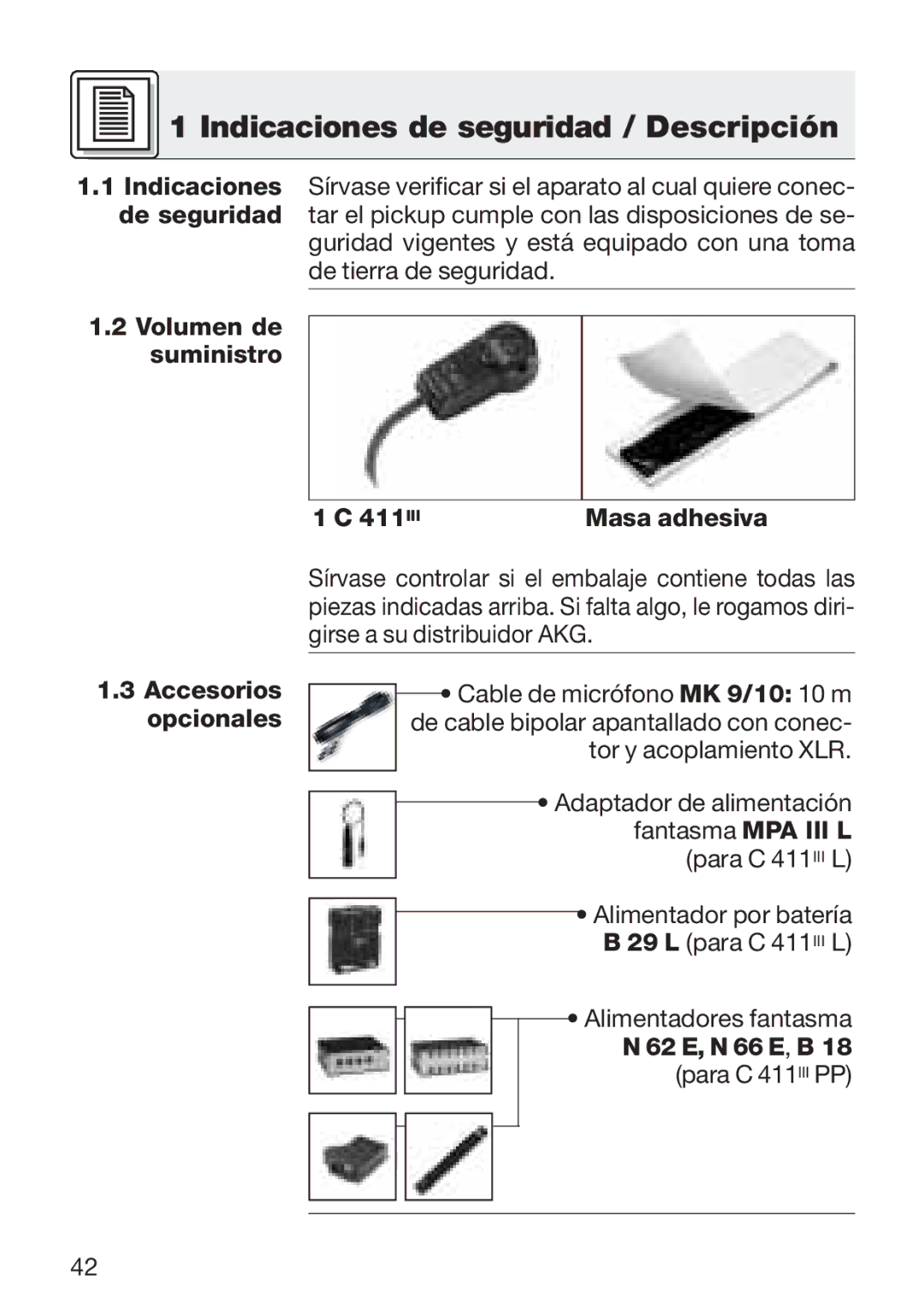 AKG Acoustics C 411 manual Indicaciones de seguridad / Descripción, 2Volumen de suministro 411 