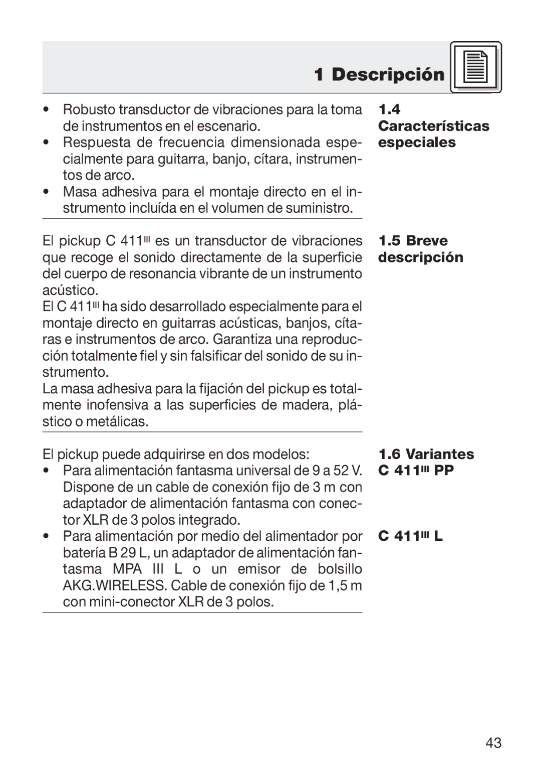 AKG Acoustics C 411 manual Descripción, De instrumentos en el escenario 