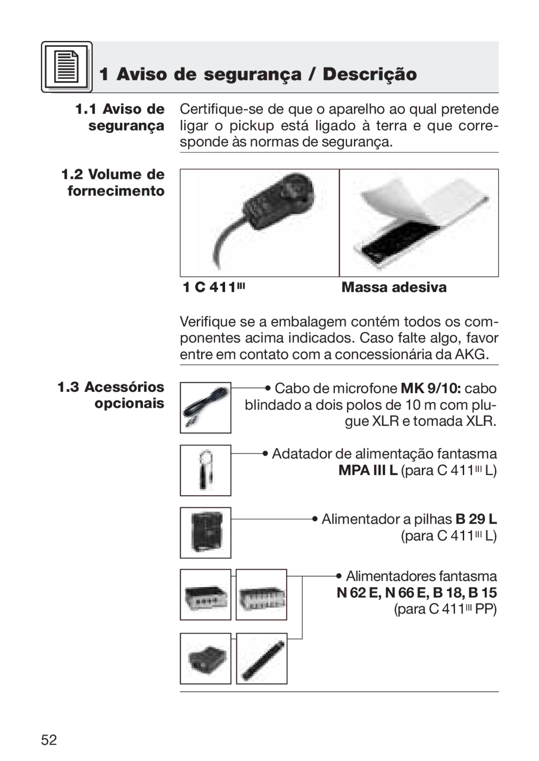 AKG Acoustics C 411 manual Aviso de segurança / Descrição, Volume de Fornecimento 411 