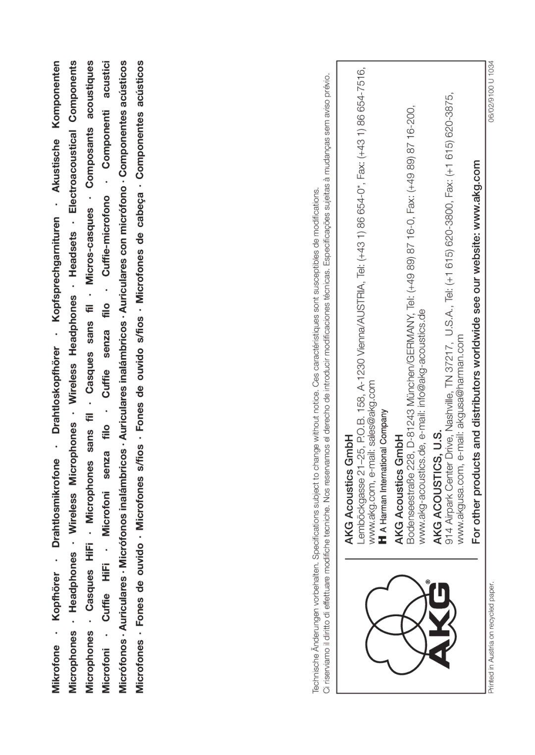 AKG Acoustics C 411 manual Akg Acoustics, U.S 