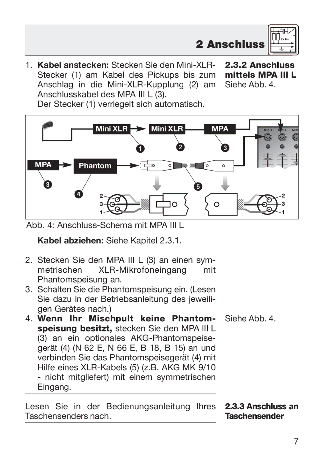 AKG Acoustics C 411 manual Anschluss mittels MPA III L Siehe Abb, Taschensender 