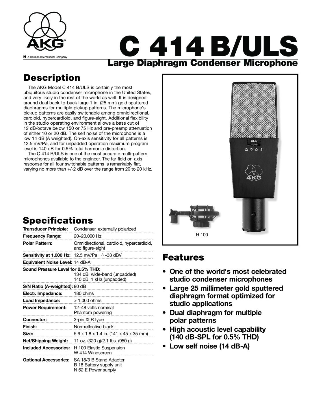 AKG Acoustics C 414 B/ULS specifications Large Diaphragm Condenser Microphone Description, Specifications, Features 