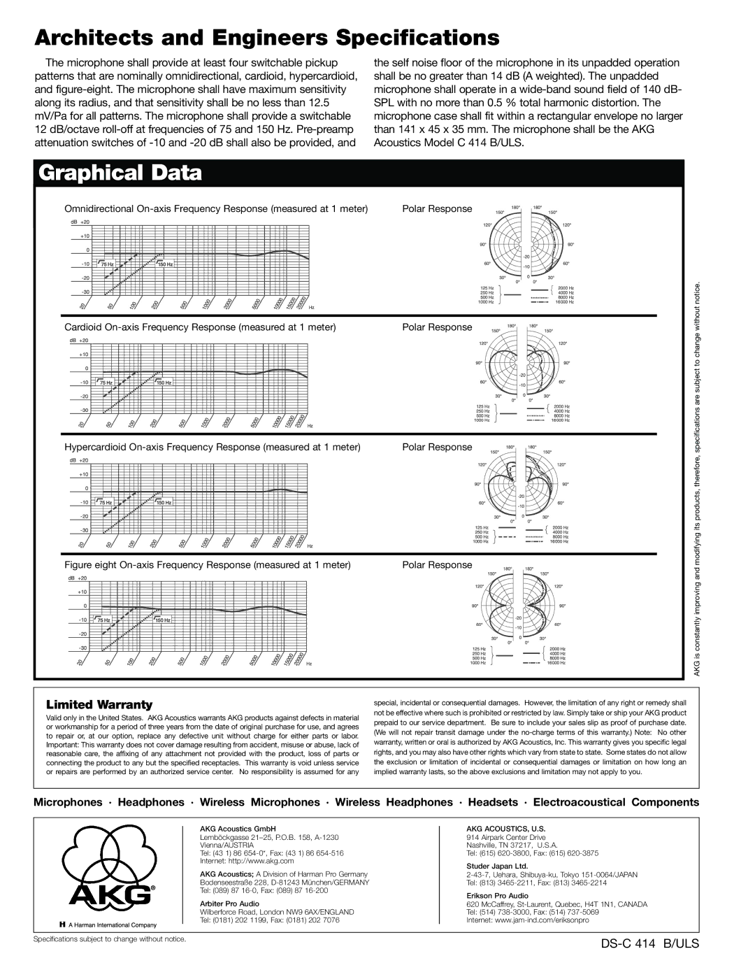 AKG Acoustics C 414 B/ULS Architects and Engineers Specifications, Graphical Data, Limited Warranty, Akg Acoustics, U.S 