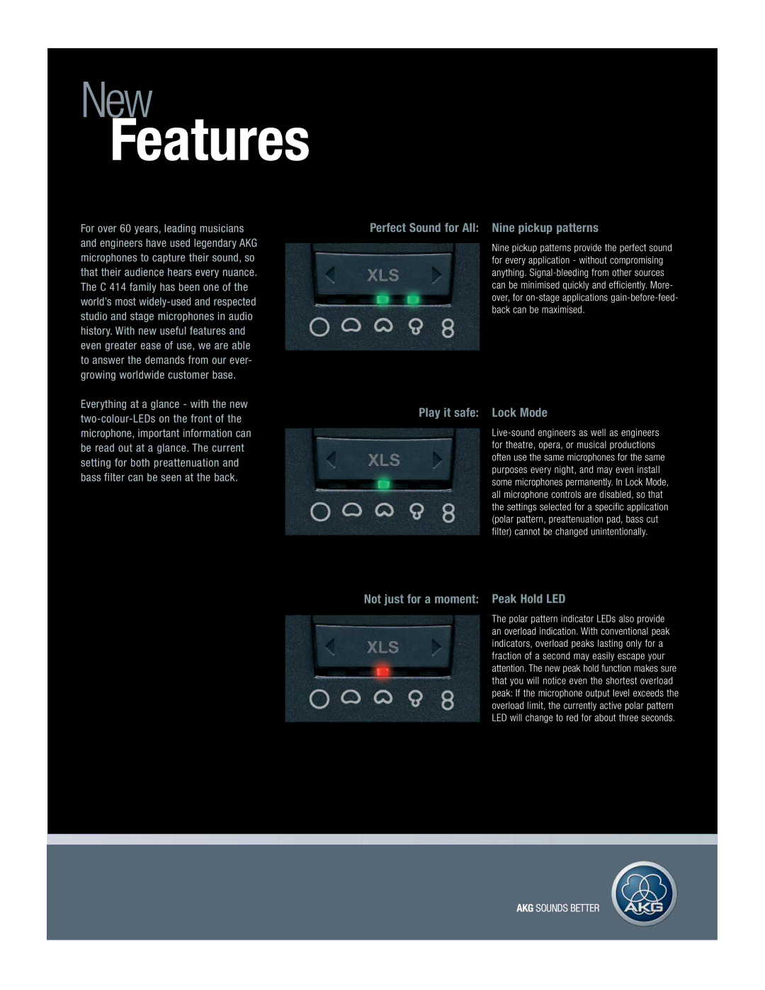 AKG Acoustics C 414 manual Perfect Sound for All Nine pickup patterns, Play it safe Lock Mode 