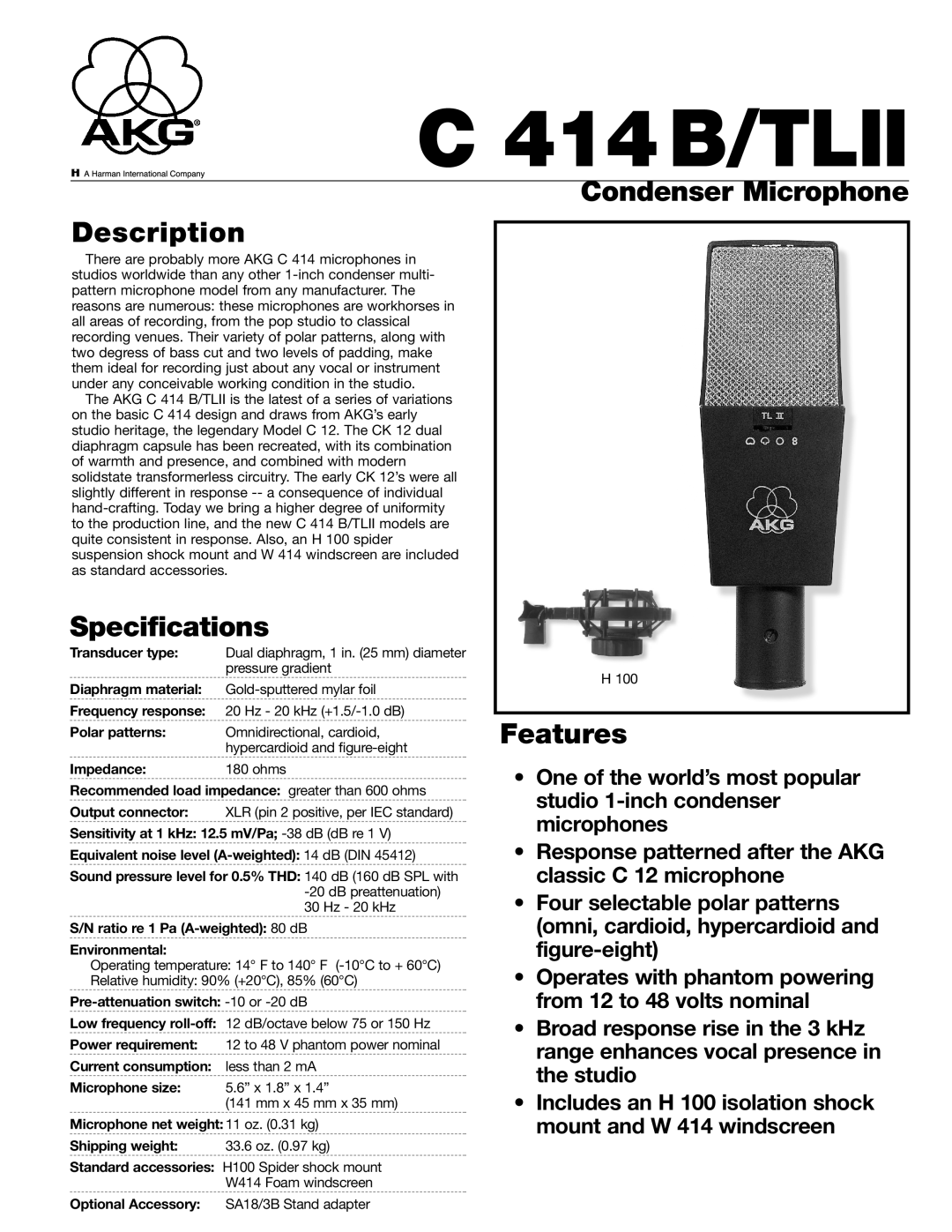 AKG Acoustics C 414B/TLII specifications Description, Specifications, Condenser Microphone, Features 