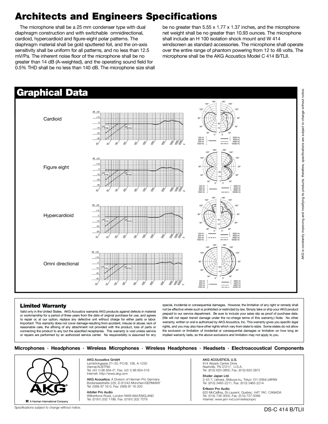 AKG Acoustics C 414B/TLII Architects and Engineers Specifications, Graphical Data, Limited Warranty, Cardioid 