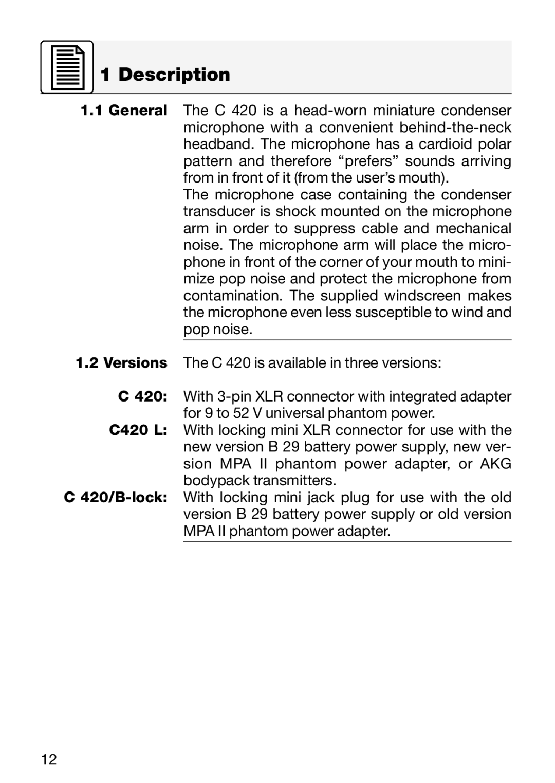 AKG Acoustics C 420 manual Description 