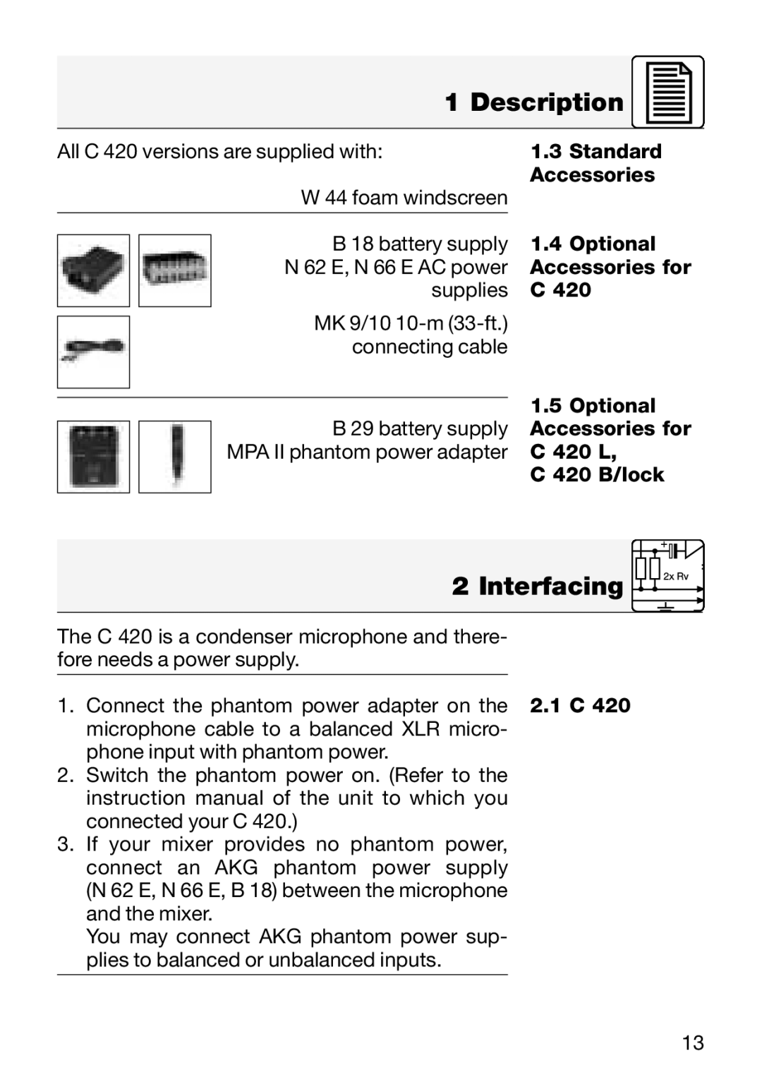 AKG Acoustics C 420 manual Interfacing 