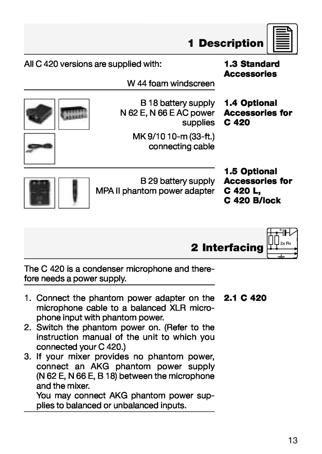 AKG Acoustics C 420 manual Description, Interfacing 