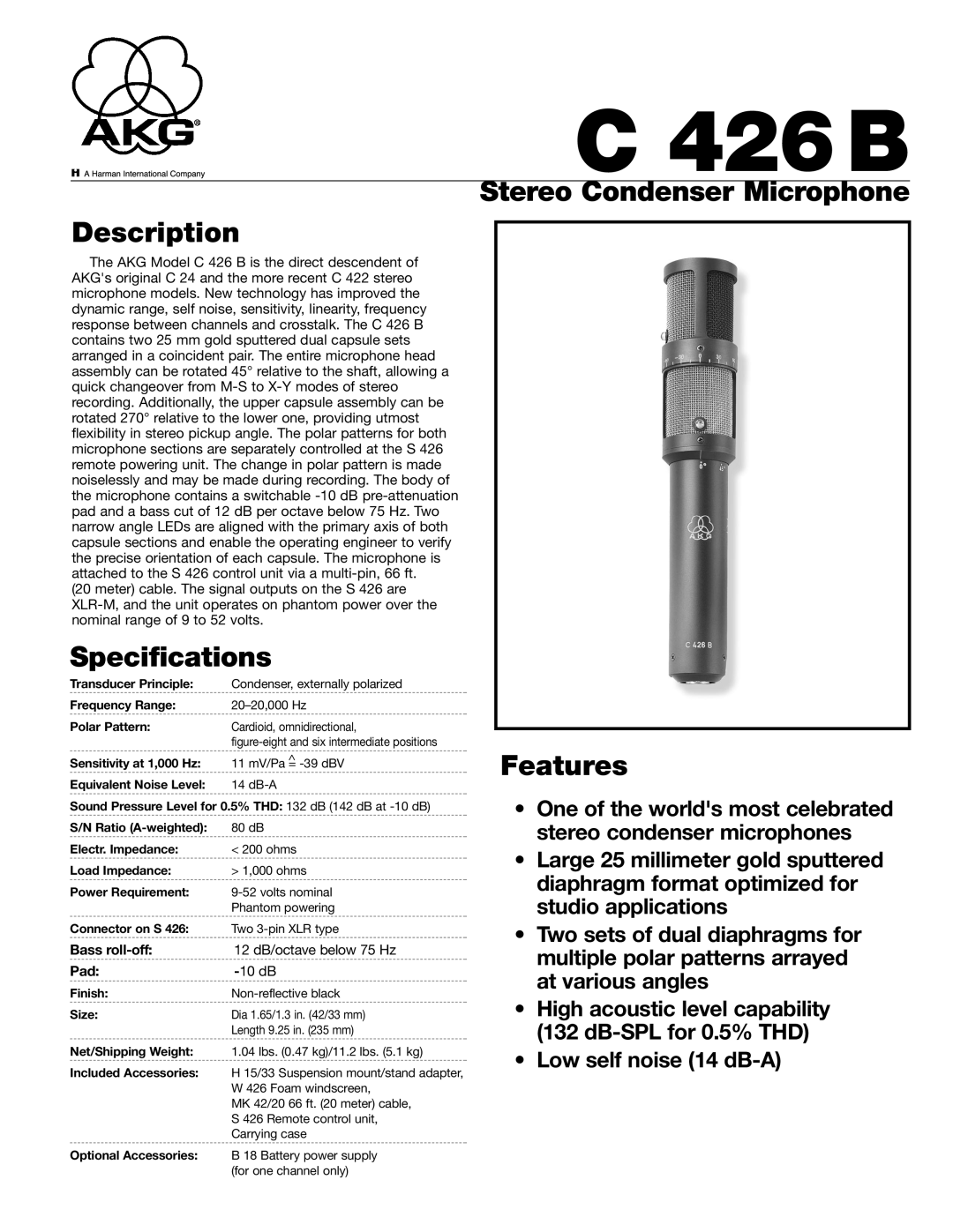 AKG Acoustics C 426B specifications Description, Specifications, Stereo Condenser Microphone Features 