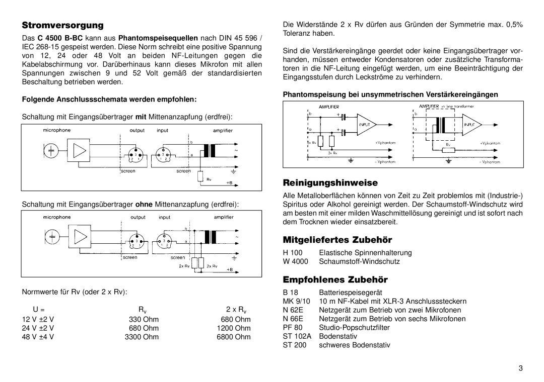 AKG Acoustics C 4500 B-BC manual Stromversorgung, Reinigungshinweise, Mitgeliefertes Zubehör, Empfohlenes Zubehör 