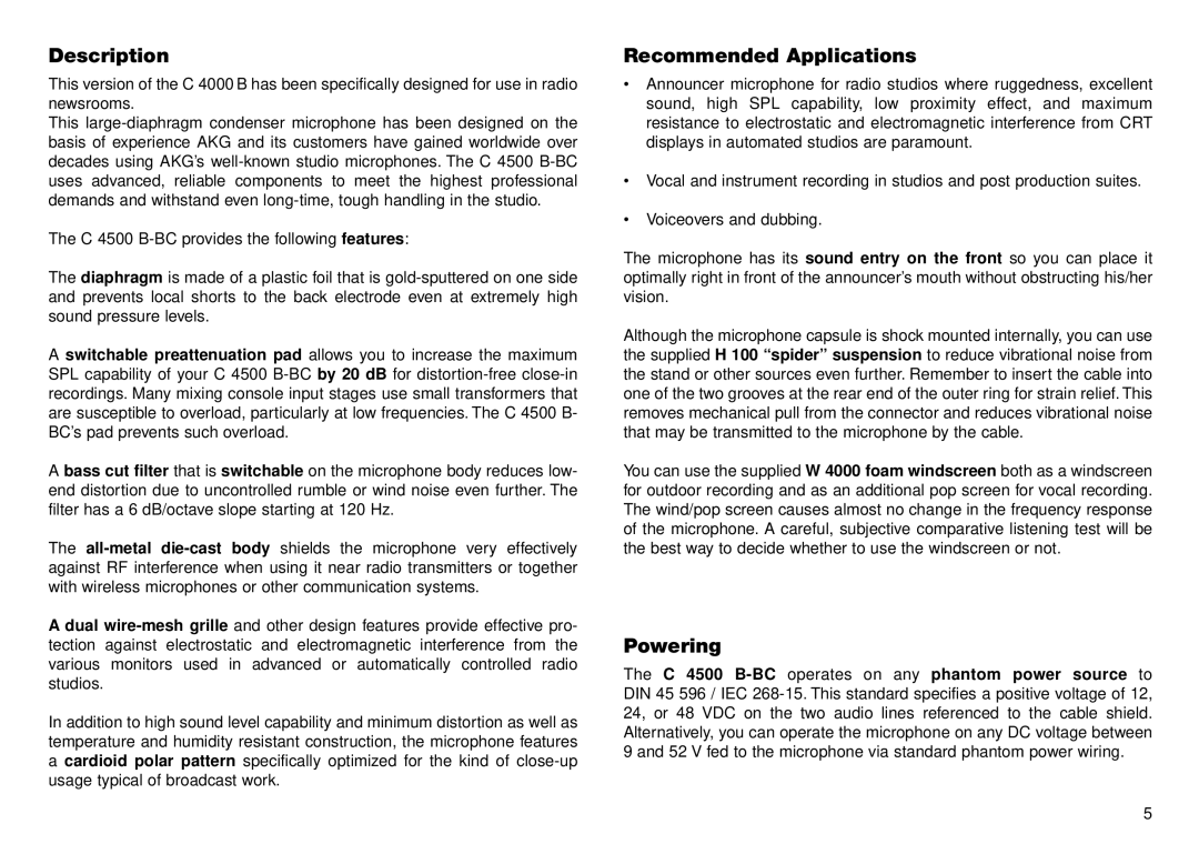 AKG Acoustics C 4500 B-BC manual Description, Recommended Applications, Powering 