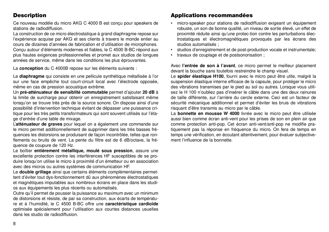 AKG Acoustics C 4500 B-BC manual Description Applications recommandées 