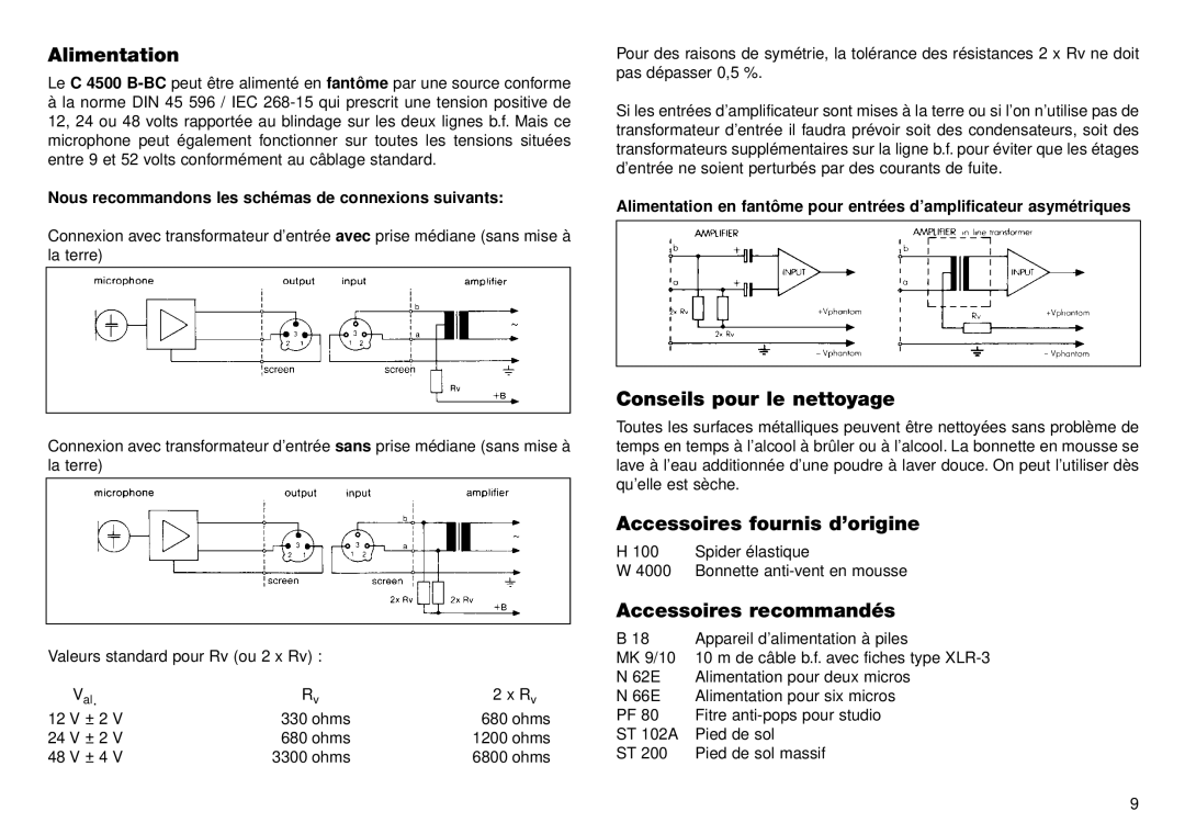 AKG Acoustics C 4500 B-BC Alimentation, Conseils pour le nettoyage, Accessoires fournis d’origine, Accessoires recommandés 