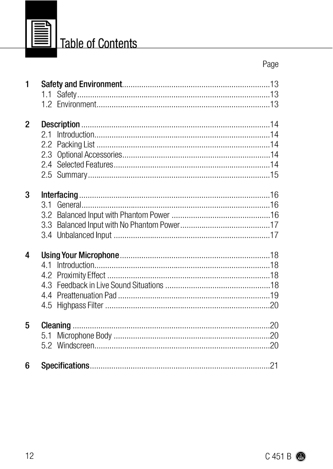 AKG Acoustics C 451 B manual Table of Contents 