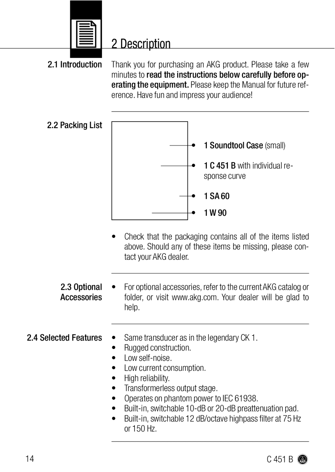 AKG Acoustics C 451 B manual Description 