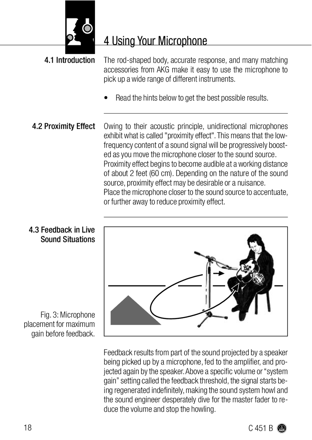 AKG Acoustics C 451 B manual Using Your Microphone, Read the hints below to get the best possible results 