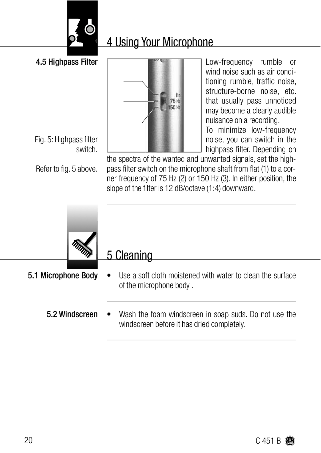 AKG Acoustics C 451 B manual Cleaning, Windscreen 