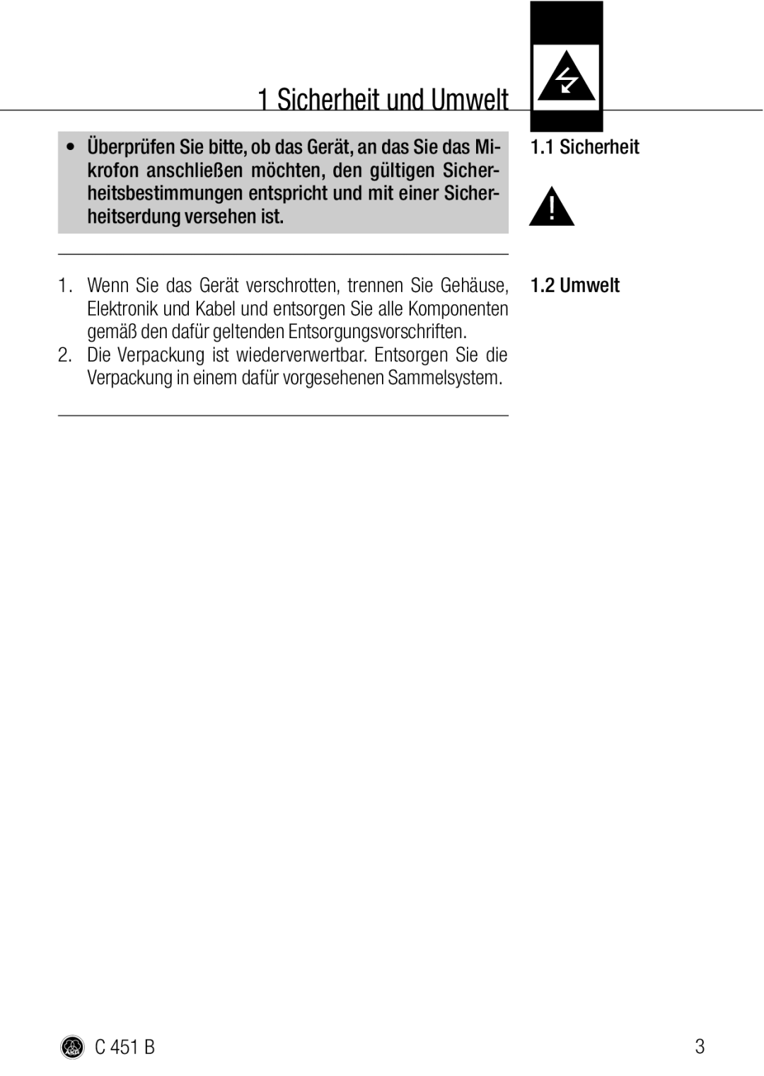 AKG Acoustics C 451 B manual Sicherheit und Umwelt, Sicherheit Umwelt 451 B 