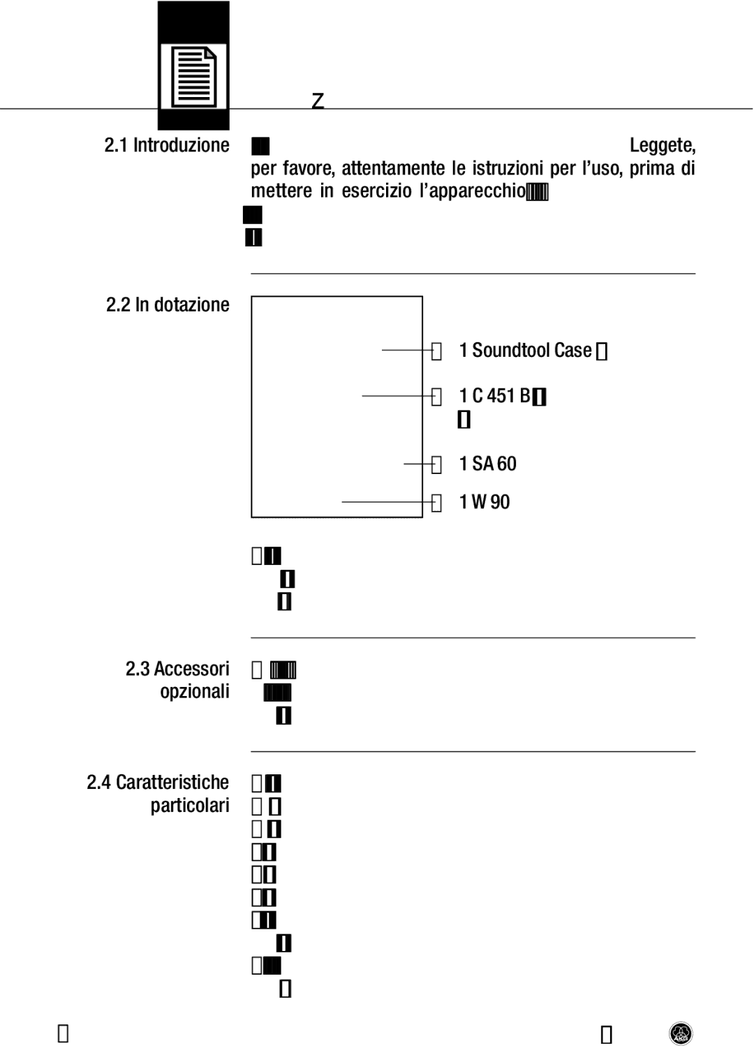 AKG Acoustics C 451 B manual Descrizione, Dotazione Soundtool Case piccolo, Accessori, Zione phantom secondo IEC, 20 dB 