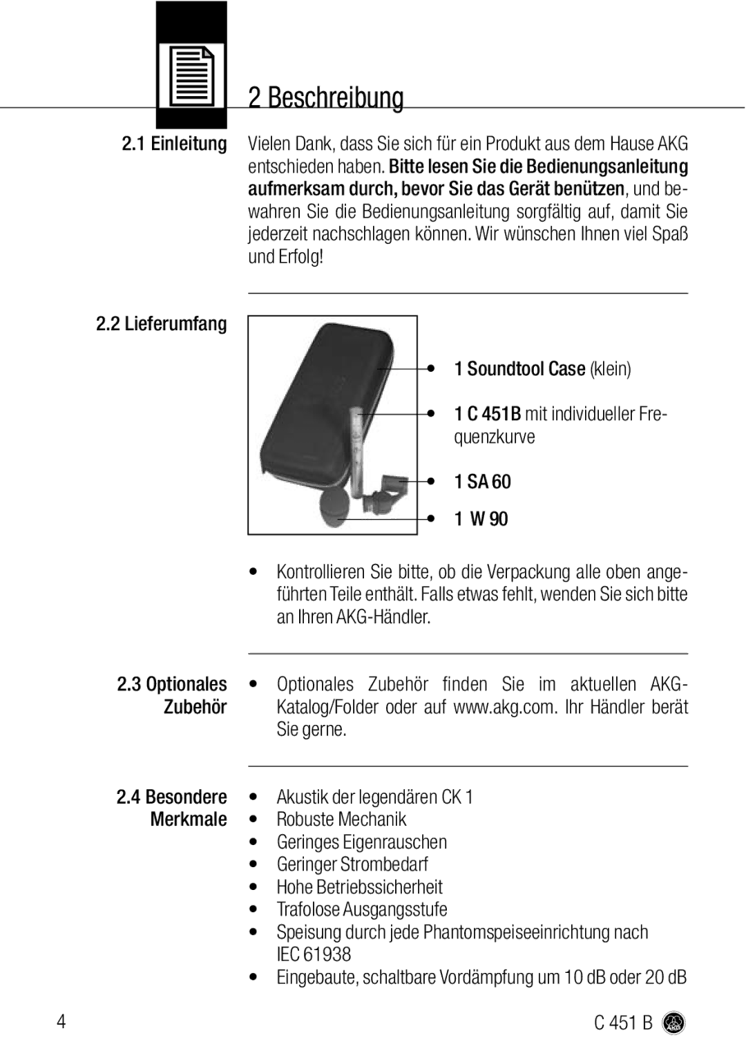 AKG Acoustics C 451 B manual Beschreibung, Einleitung, Soundtool Case klein, Iec 