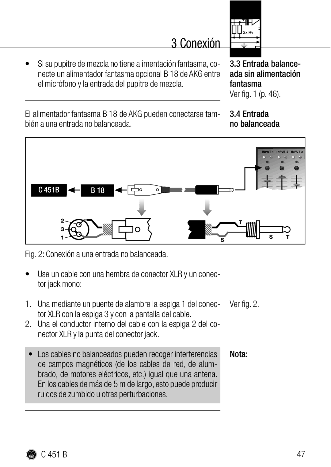 AKG Acoustics C 451 B manual Entrada balance, Ada sin alimentación, Fantasma, Ver p, No balanceada 