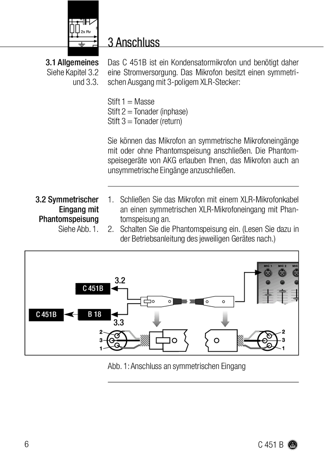 AKG Acoustics C 451 B manual Tomspeisung an, Siehe Abb, Abb Anschluss an symmetrischen Eingang 