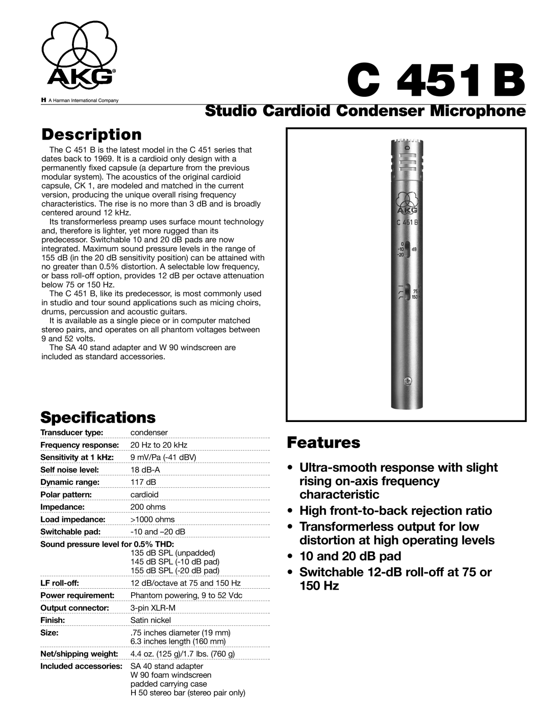 AKG Acoustics C 451B specifications Studio Cardioid Condenser Microphone Description, Specifications, Features 