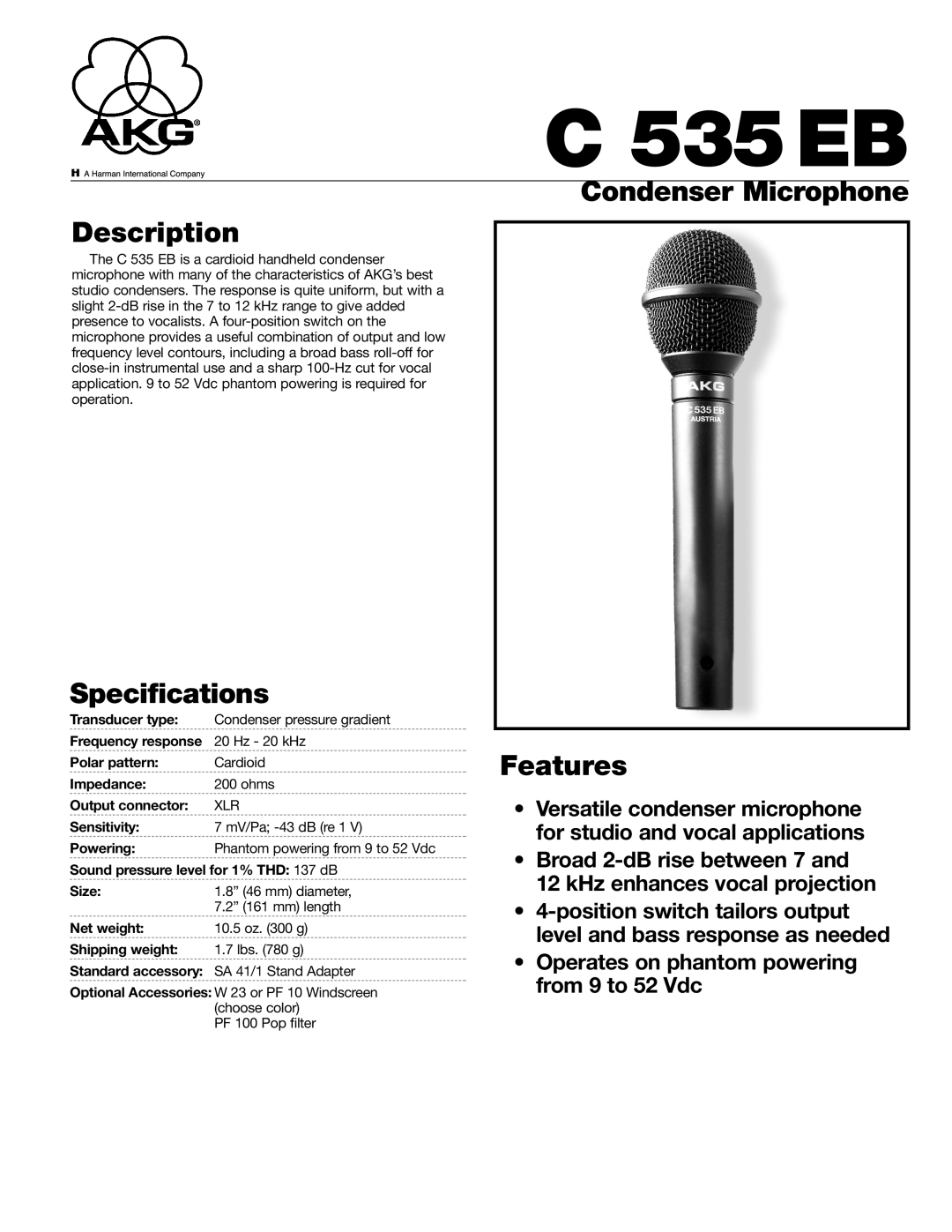 AKG Acoustics C 535 EB specifications 535EB, Condenser Microphone Description, Specifications, Features 