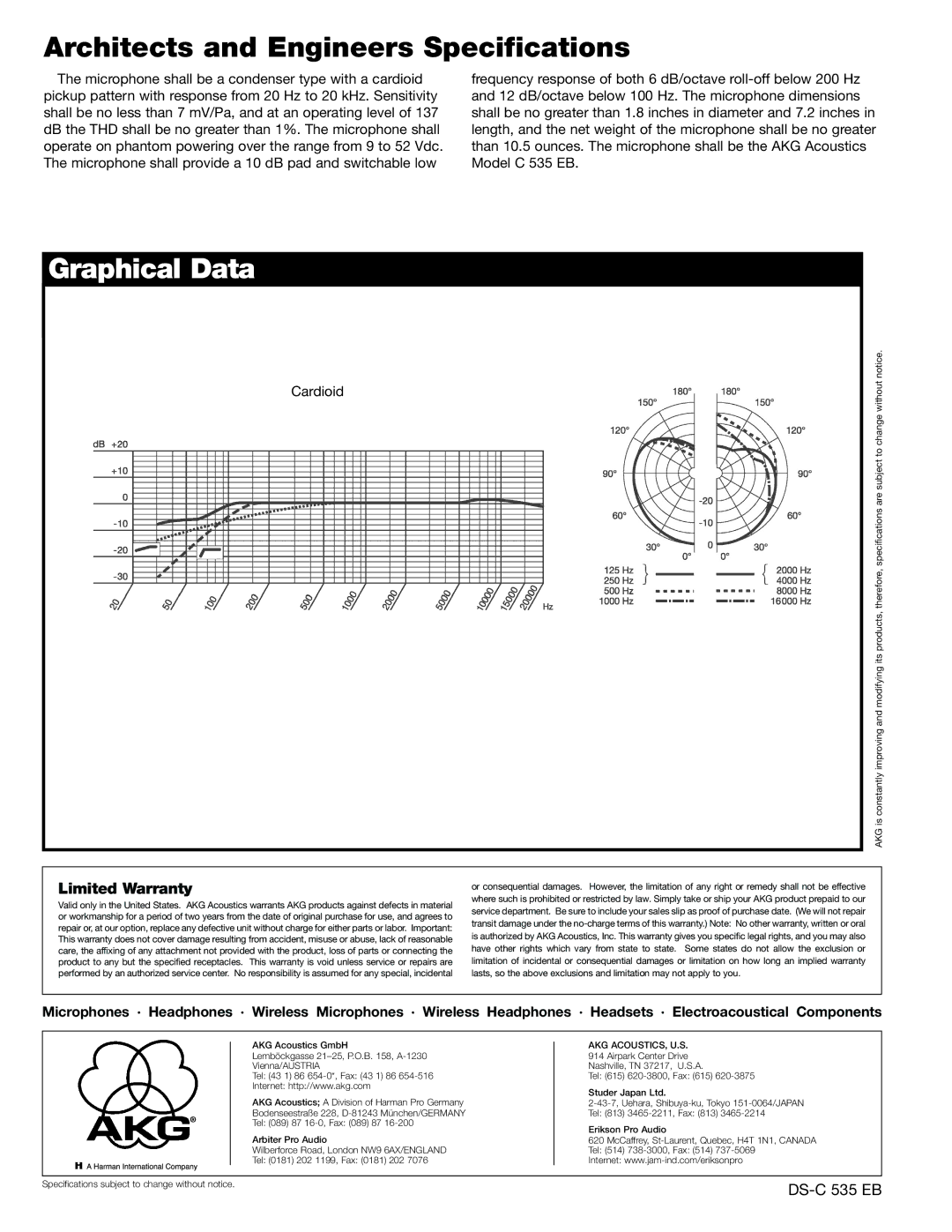 AKG Acoustics C 535 EB Architects and Engineers Specifications, Graphical Data, Limited Warranty, Akg Acoustics, U.S 