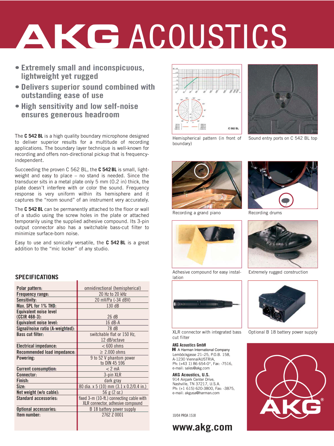 AKG Acoustics C 542 BL manual Specifications 