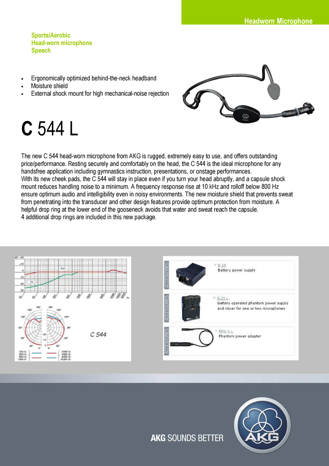 AKG Acoustics C 544 L manual Headworn Microphone, Sports/Aerobic Head-worn microphone Speech 