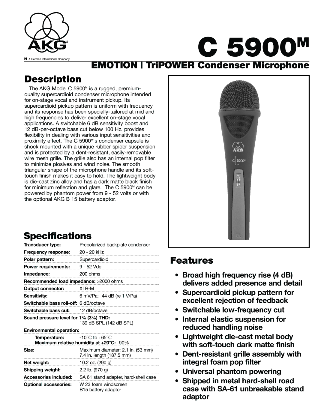 AKG Acoustics C 5900M specifications Emotion TriPOWER Condenser Microphone Description, Specifications, Features 