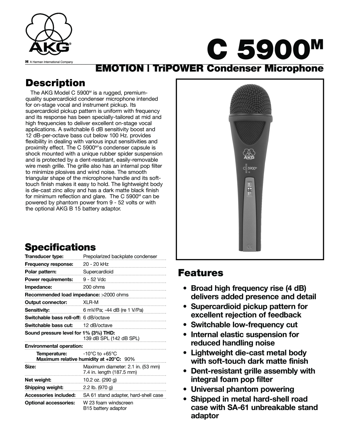 AKG Acoustics C 5900M specifications EMOTION TriPOWER Condenser Microphone Description, Specifications, Features 