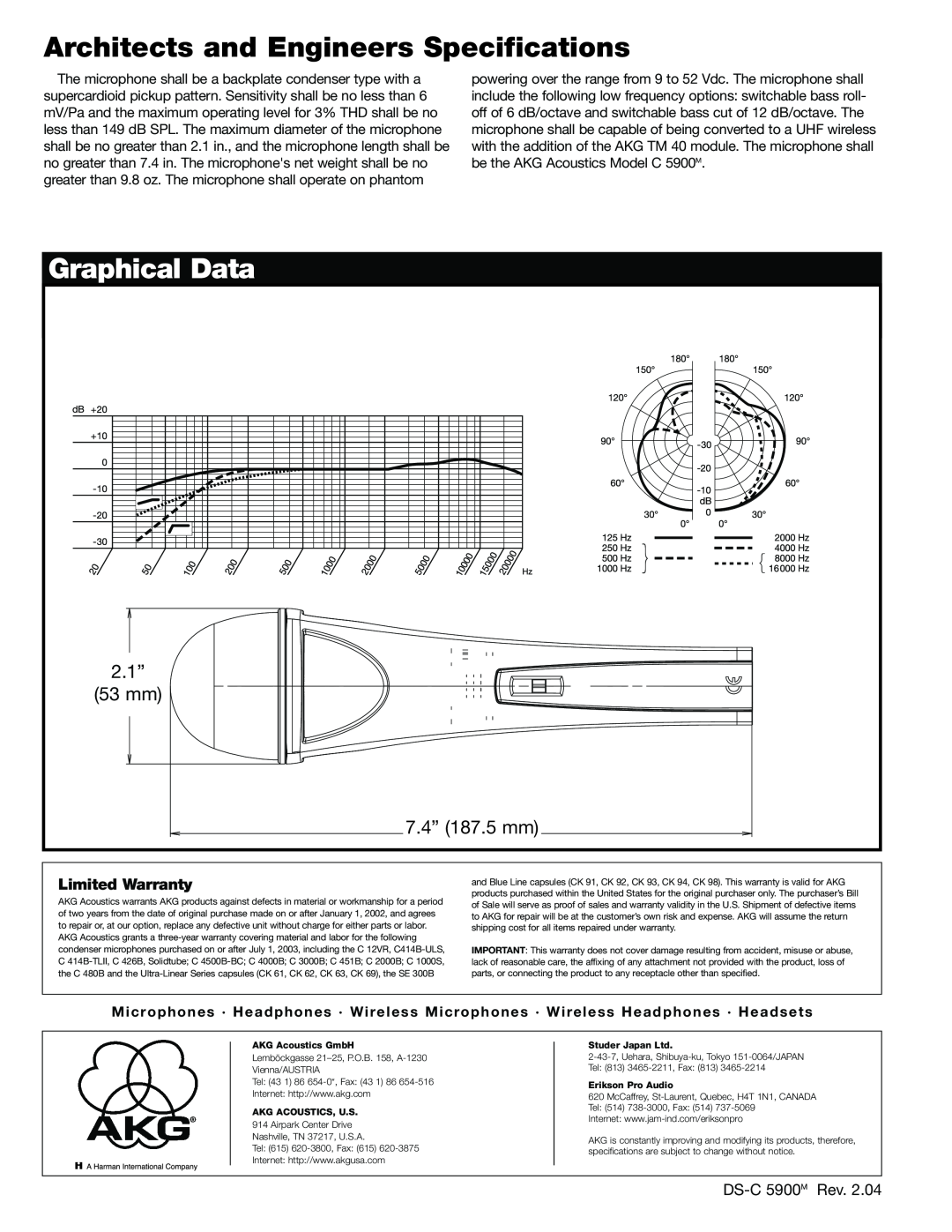 AKG Acoustics C 5900M specifications Architects and Engineers Specifications, Graphical Data, 2.1”, 53 mm, 7.4” 187.5 mm 