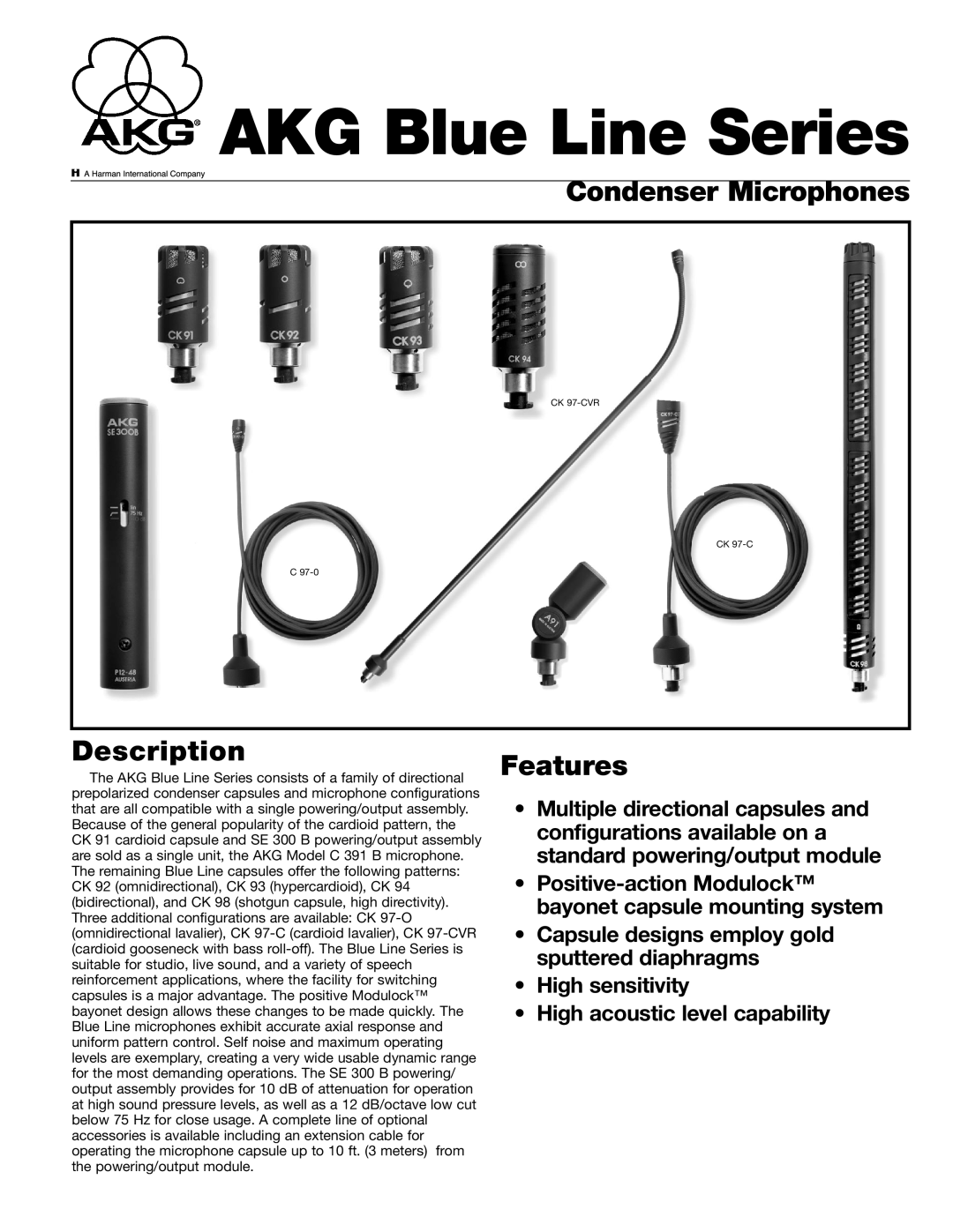 AKG Acoustics CK 97-C, C 97-0, CK 92, CK 94, CK 91 manual Condenser Microphones, Description, Features, AKG Blue Line Series 