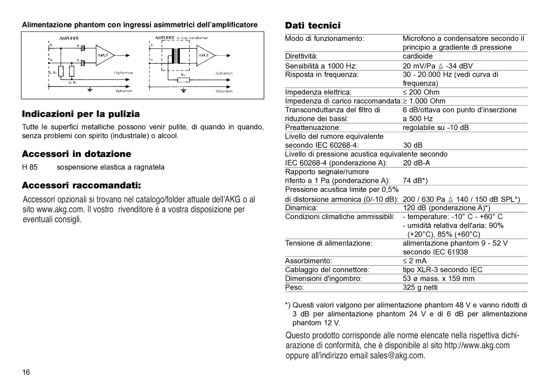 AKG Acoustics C2000B manual Indicazioni per la pulizia, Accessori in dotazione, Accessori raccomandati, Dati tecnici 