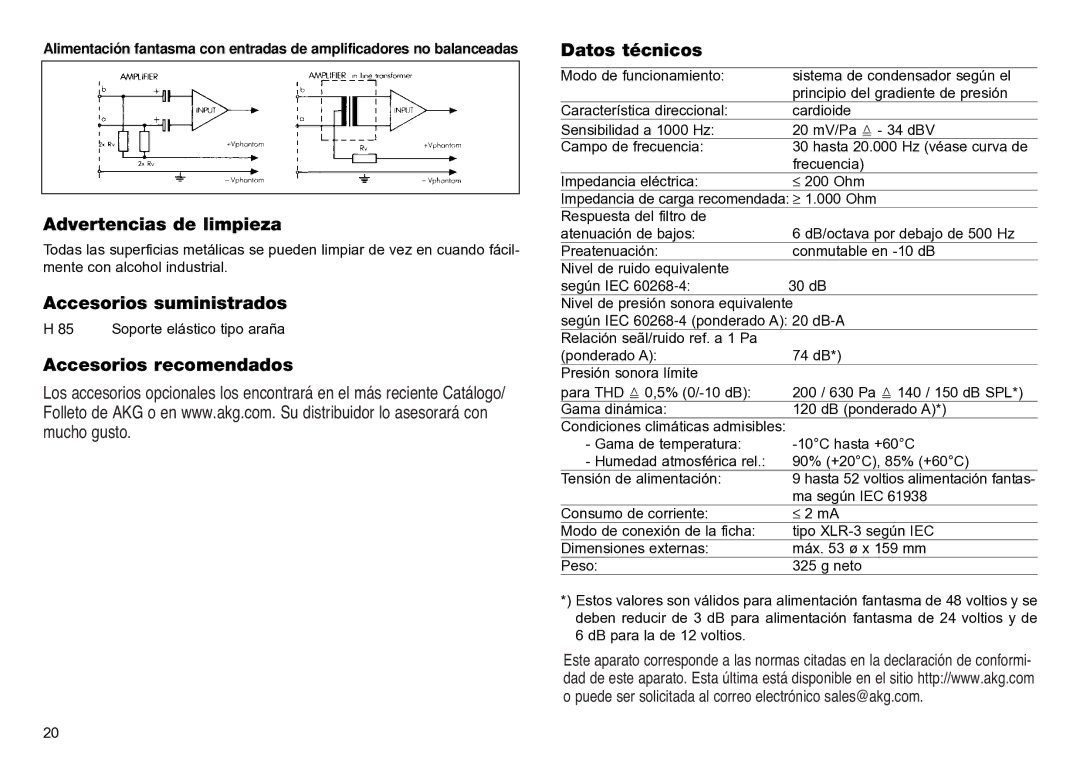 AKG Acoustics C2000B manual Advertencias de limpieza, Accesorios suministrados, Accesorios recomendados, Datos técnicos 